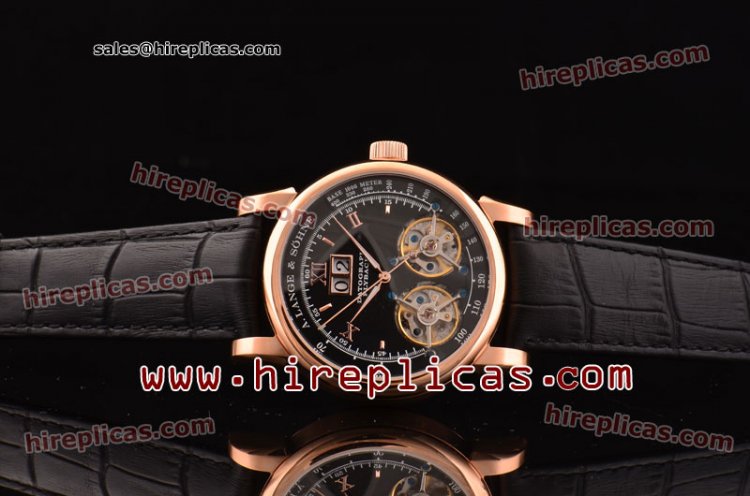Best Luxury A.Lange & Sohne Datograph AL121114D ST26 With Double Tourbillon Automatic Rose Gold Case Black Dial