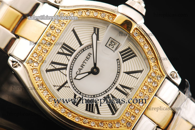 Pretty Top Cartier Roadster Chrono W62026Y4.DI Miyota Quartz Two Tone White Dial Diamond Bezel