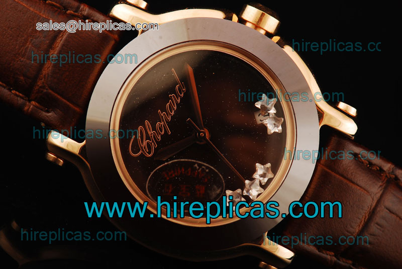 Inexpensive Classic Chopard Happy Sport II Star Diamonds 278475-3020 Miyota Quartz Rose Gold Brown Dial Ceramic Bezel