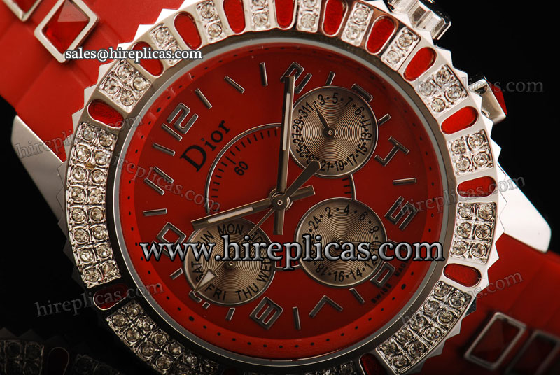 Classic Fake Christian Dior Dior Christal CD11431BR002 Miyota Quartz Steel Red Dial Diamond Bezel