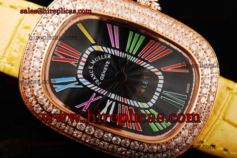 discount Fashion Franck Muller Galet 3002 M QZ V D2 Swiss Quartz Rose Gold Black Dial Diamond Bezel Yellow Leather Strap