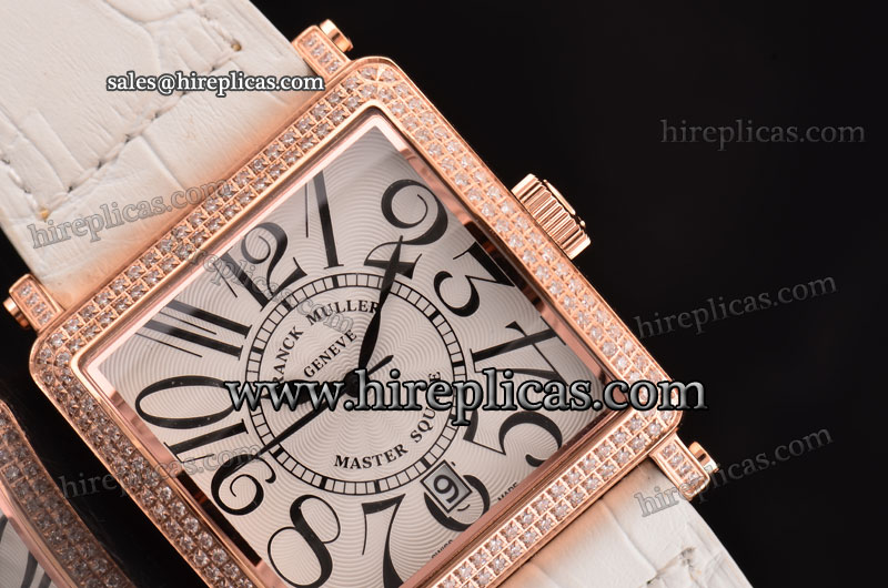 AAA Franck Muller Master Square 6000 H SC DT V D WT Swiss Quartz Rose Gold Case White Dial Diamond Bezel