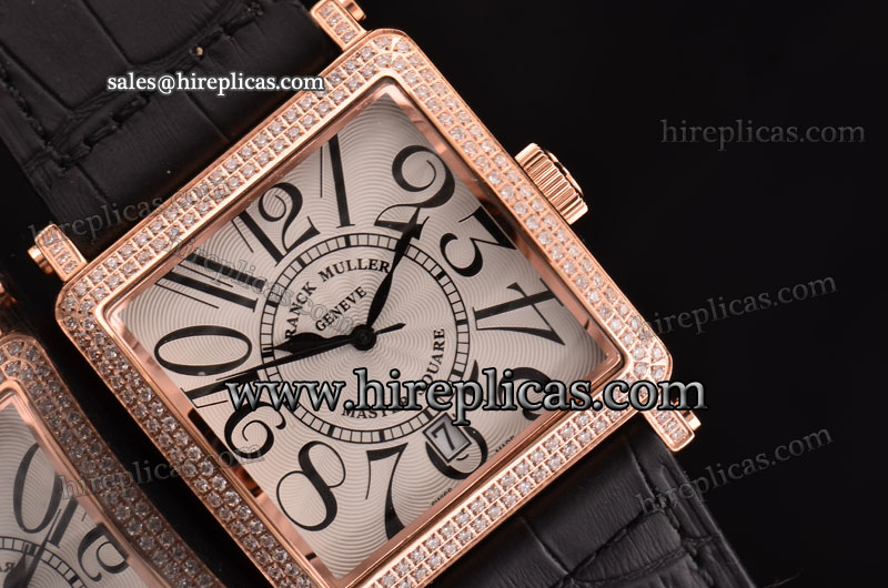 Unique Special Franck Muller Master Square 6000 H SC DT V D BK Swiss Quartz Rose Gold Case White Dial Diamond Bezel