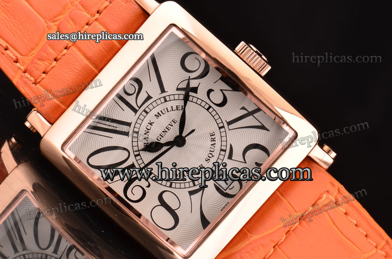 Glamorous Franck Muller Master Square 6000 H SC DT V Swiss Quartz Rose Gold Case White Dial Orange Leather Strap