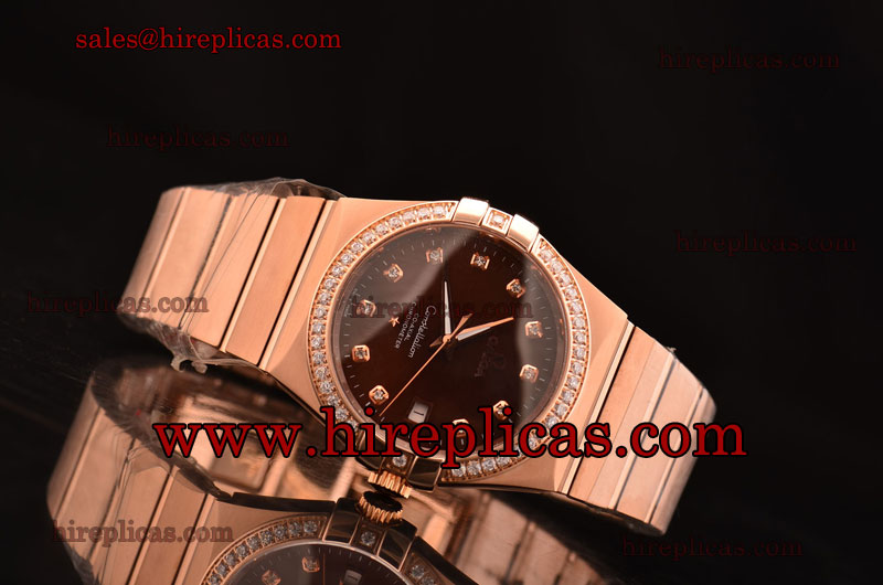 Charming Omega Constellation Chronometer 123.55.35.20.63.001 Swiss ETA 2836 Automatic Rose Gold Coffee Dial Diamond Bezel