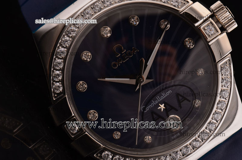 Sophisticated Omega Constellation Ladies 35mm 123.18.35.60.56.001 Swiss ETA Quartz Steel Blue Dial Diamond Bezel Blue Rubber Strap