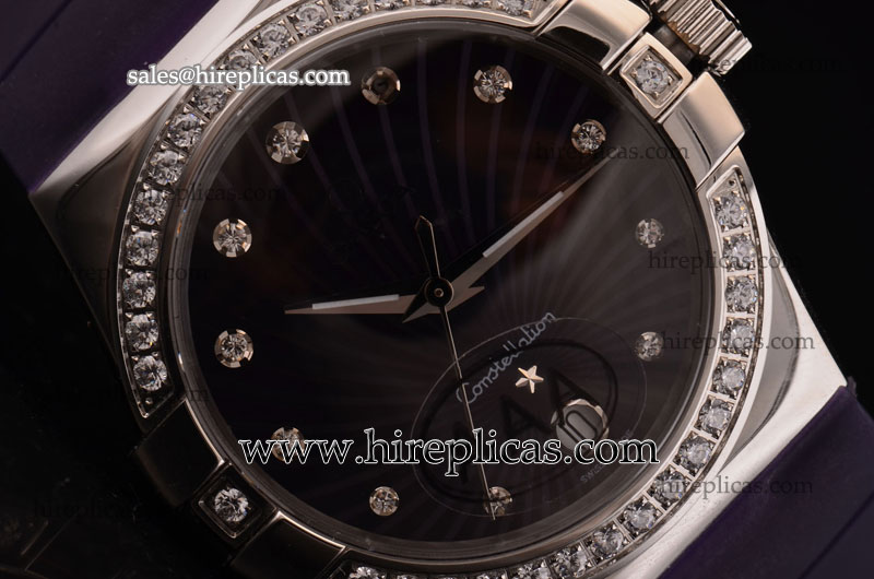 Fake Classic Omega Constellation Ladies 35mm 123.18.35.60.60.001 Swiss ETA Quartz Steel Black Dial Diamond Bezel Purple Rubber Strap