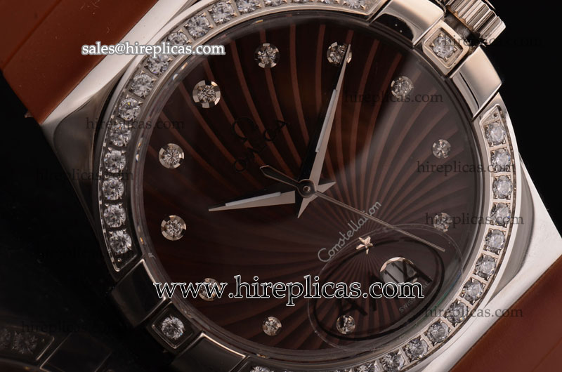 Luxury knockoff Omega Constellation Ladies 35mm 123.18.35.60.63.001 Swiss ETA Quartz Steel Brown Dial Diamond Bezel Brown Rubber Strap