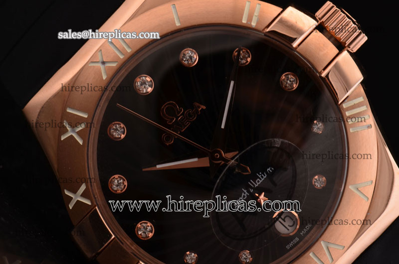 Replica Knockoffs Omega Constellation Ladies 35mm 123.53.35.60.51.001 Swiss ETA Quartz Rose Gold Black Dial Black Rubber Strap