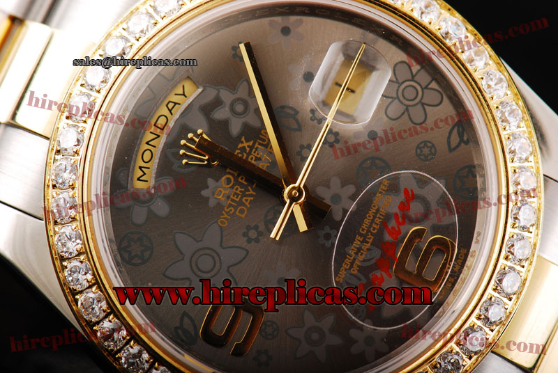 Graceful Rolex Datejust II 116333D gfaj Rolex 3135 Automatic Two Tone Brown/Flower Dial Numeral Markers Diamond Bezel