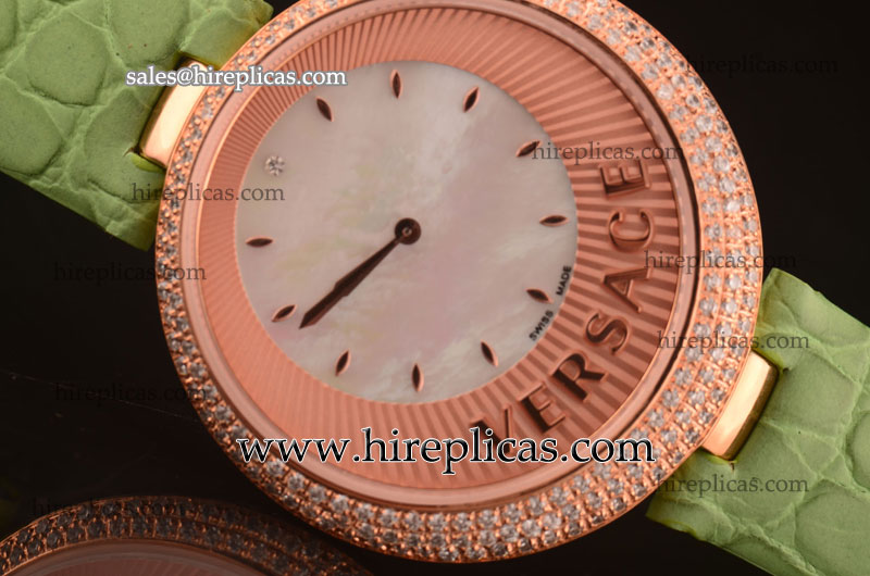 Best Sophisticated Versace Perpetuelle 87Q99D009 S009 Swiss ETA Quartz Rose Gold/Diamond White Mop Dial Green Leather Strap
